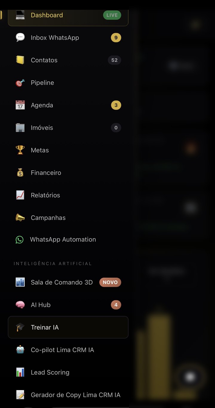 Menu do Lima CRM IA no celular — todas as ferramentas