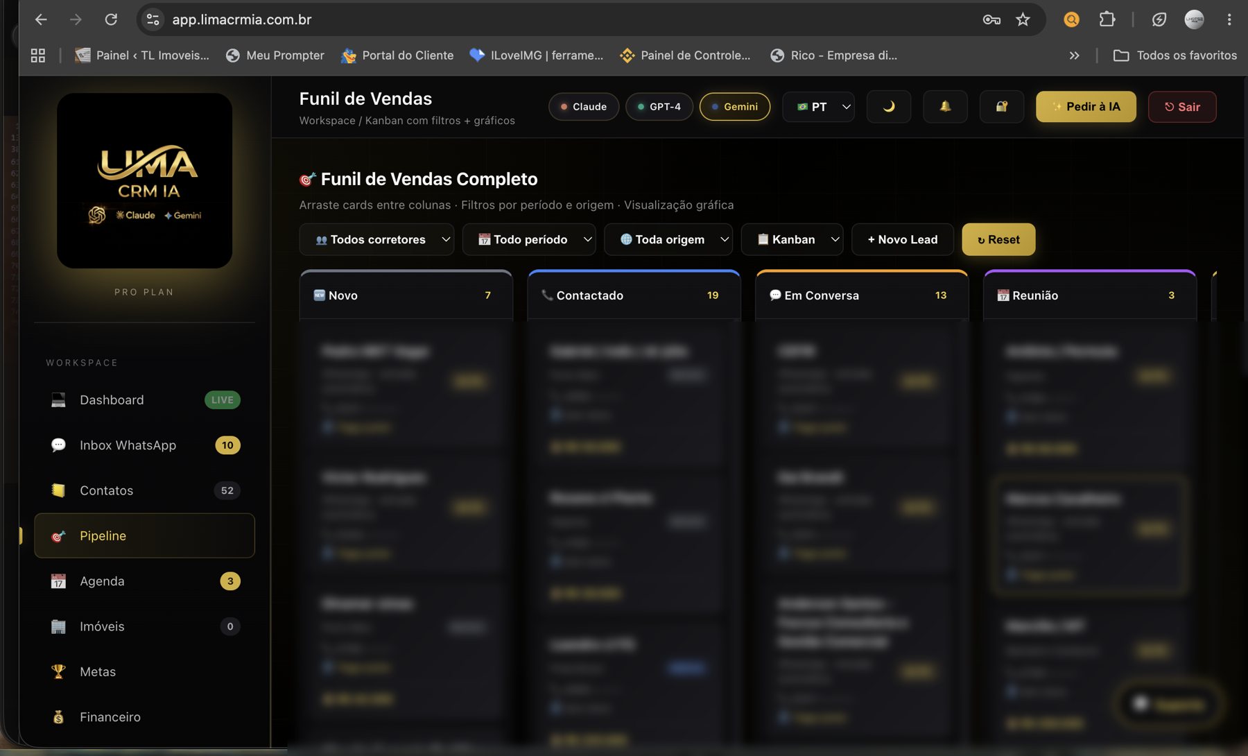 Pipeline Kanban do Lima CRM IA