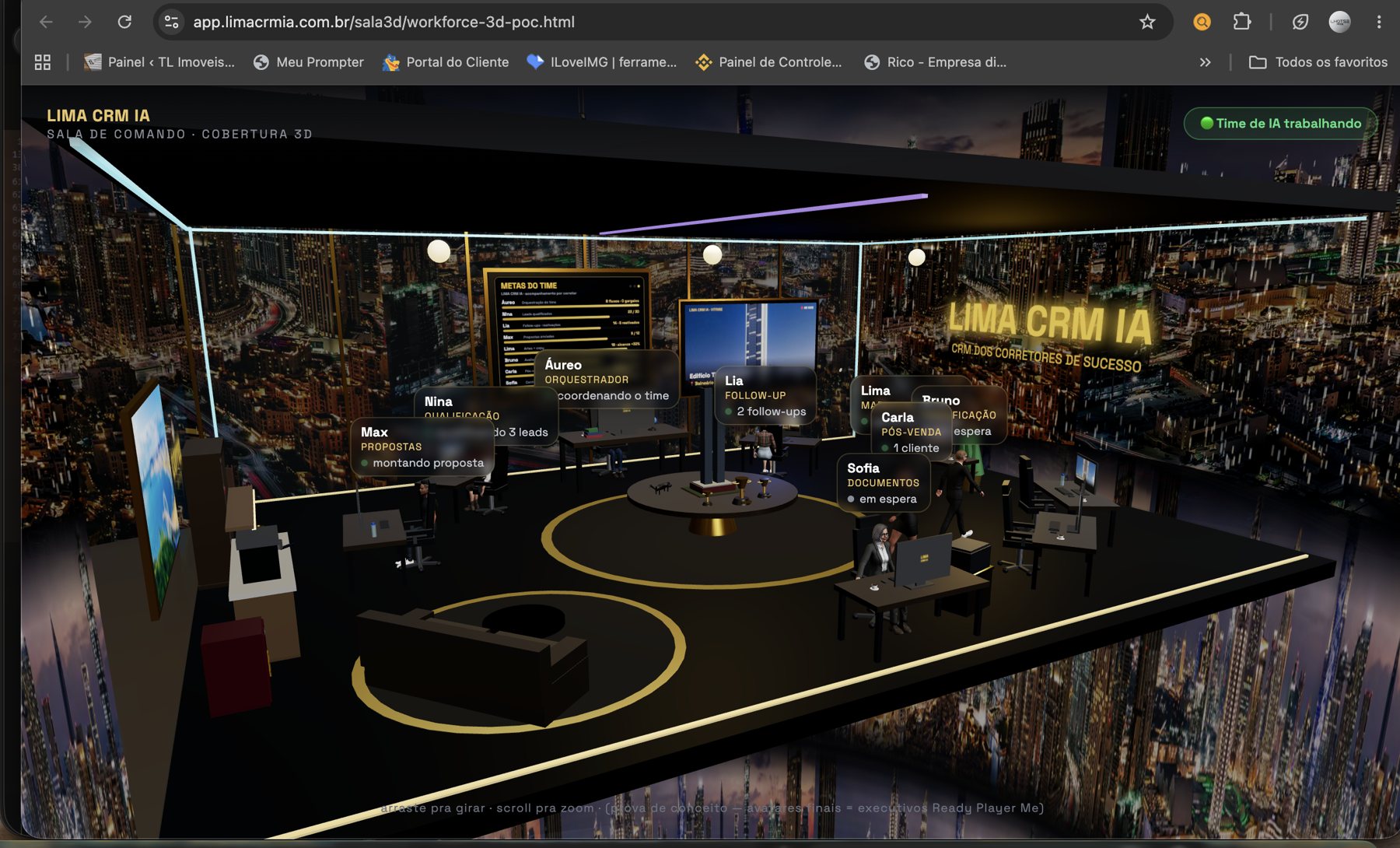 Sala de Comando 3D do Lima CRM IA — time de agentes de IA numa cobertura de luxo